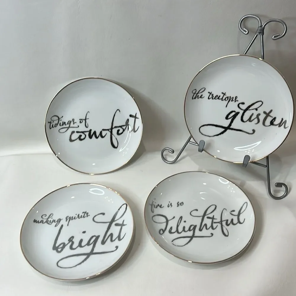 Target Threshold Christmas Appetizer Plates Set 4 White Gold Trim 6 1/2 In Round